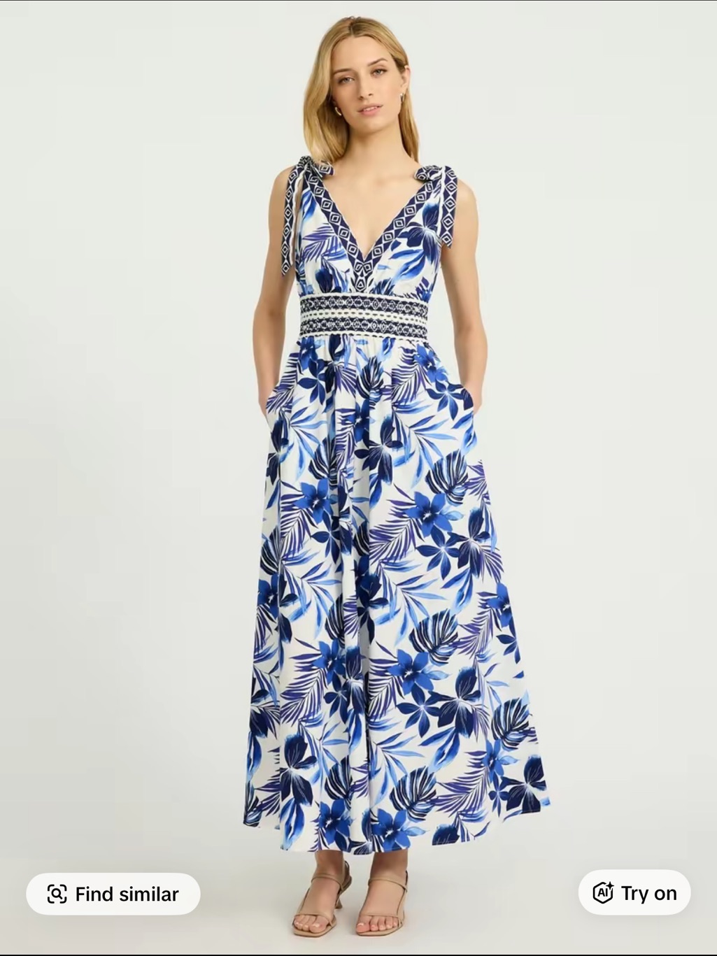 Used Once Express Blue & White Floral Tie-Shoulder Maxi Dress